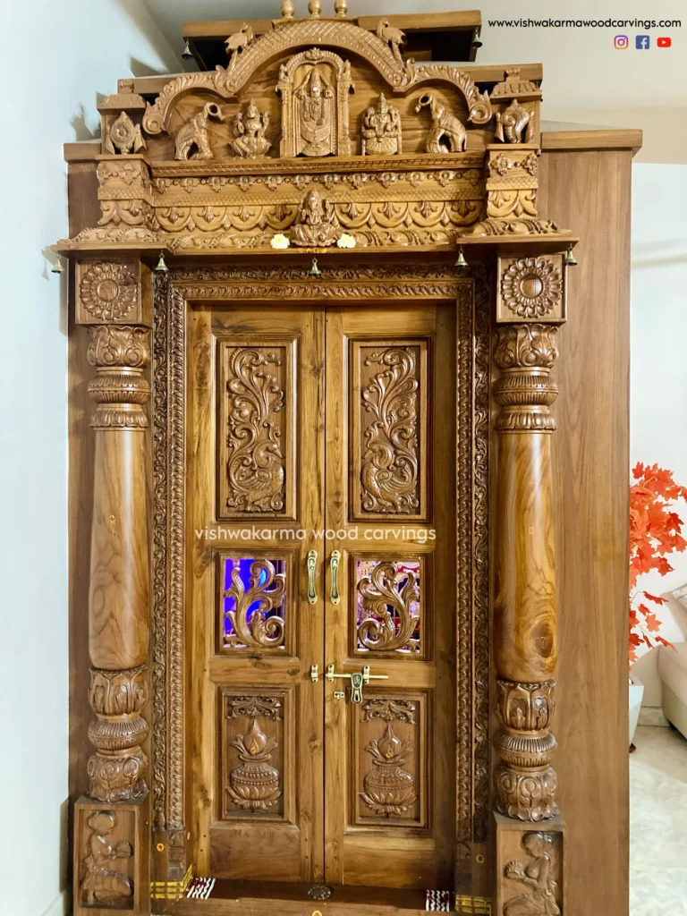 Hand-carved wooden Balaji pooja room design by Vishwakarma Wood Carvings