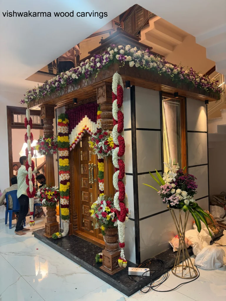 Hand-carved home temple design with traditional wood carvings by Vishwakarma Wood Carvings