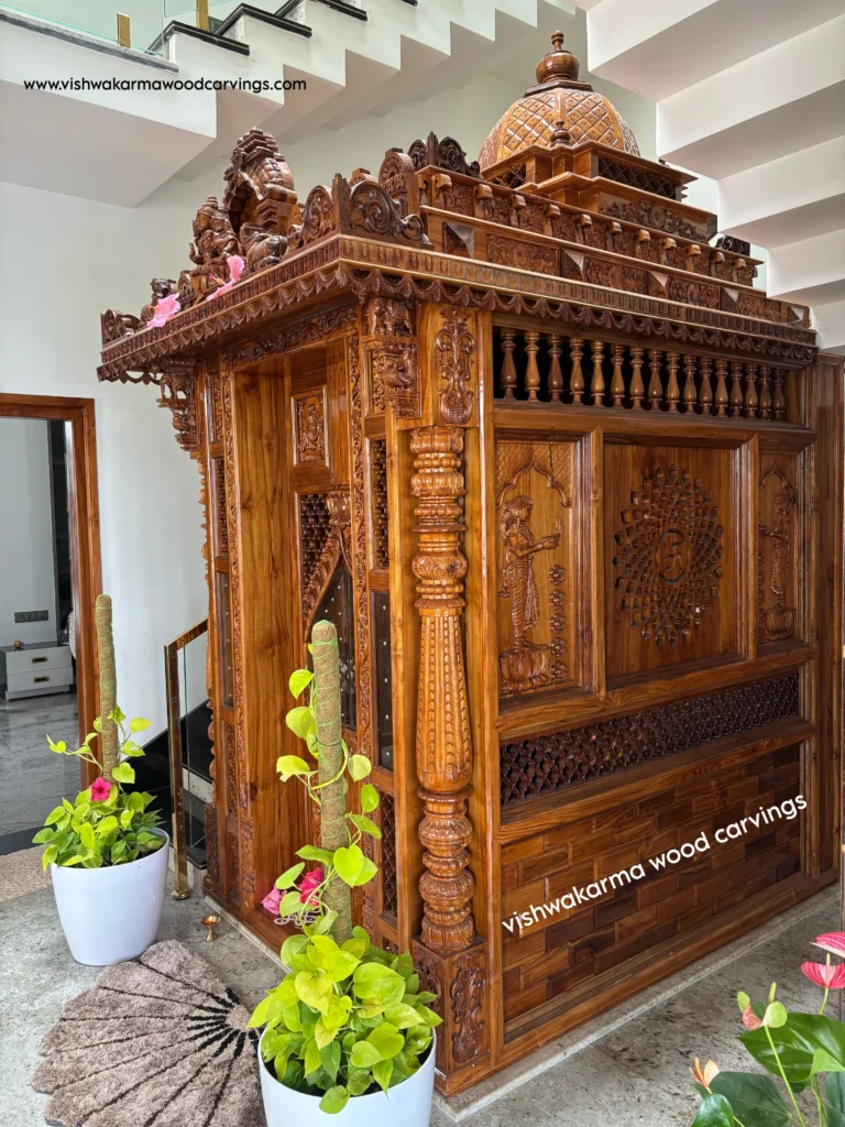 Hand-carved wooden home temple in gopuram style by Vishwakarma Wood Carvings