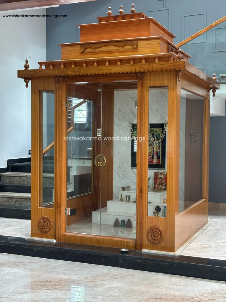 Luxury wooden pooja mandir with intricate hand-carved detailing and premium temple-style craftsmanship