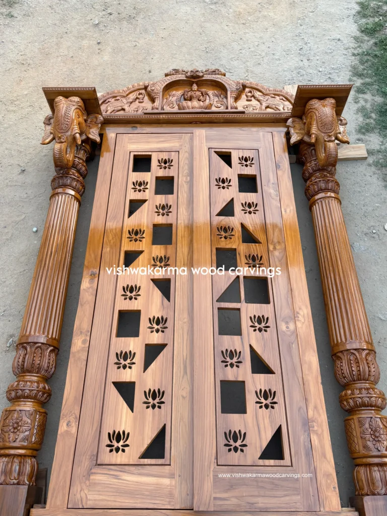 Handcrafted wooden pooja room with traditional carvings and decorative pillars